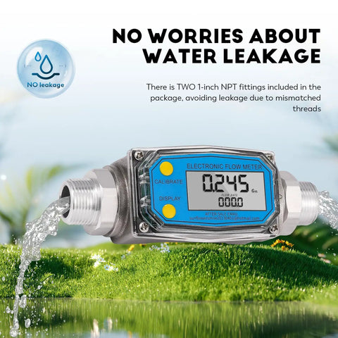 1 Inch and Three Quarter Inch Turbine Flow Meter Stainless Steel Digital Liquid Flowmeter with NPT Adapters installed outdoors