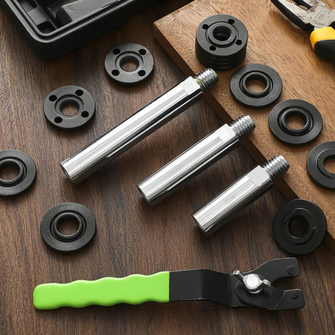 Angle Grinder Extension Shaft Kit With Flange Nuts And Wrench, 5/8-11 Adapter Set shown with extensions and lock nuts.