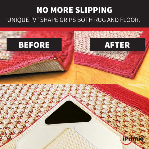 Before and after of rug with Rug Corner Grippers Four Pack That Keeps Rugs Flat And In Place, No More Curling, Reusable Pad.