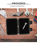 Dang Tough Portable Waterproof Plastic Toolbox With Rugged Latches For Nails Screws And Small Parts Doubles As Electrician Kit Case Mechanics Organizer And Pickup Truck Storage opened showing a wrench inside.