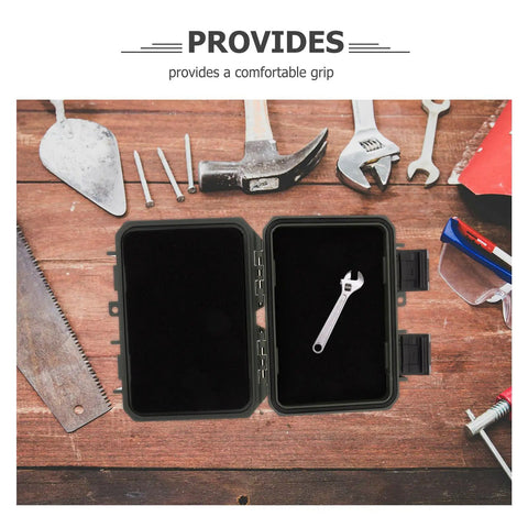 Dang Tough Portable Waterproof Plastic Toolbox With Rugged Latches For Nails Screws And Small Parts Doubles As Electrician Kit Case Mechanics Organizer And Pickup Truck Storage opened showing a wrench inside.