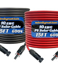 Heavy Duty 10 AWG PV Solar Extension Cable Pair, 15 Ft Black And 15 Ft Red, UL4703 600V, Pure Copper Conductors
