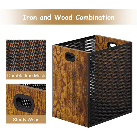 Dope Retro Industrial Office Trash Can With Iron And Wood Construction featuring iron mesh and wood panels