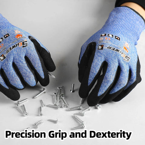 Air Skin A4 Ultra Thin Cut Resistant Work Gloves in use picking up screws, blue knit, large size, nitrile palm grip