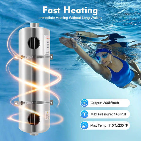 200K BTU Stainless Steel Pool Heat Exchanger, 304 Grade, Salt Water Resistant, shown with swimmer in pool.