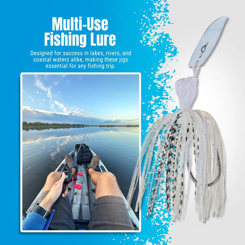 Weedless Bass Jig With Bladed Vibration Tech For Pike Walleye Muskie, close-up of white jig, angler fishing in kayak