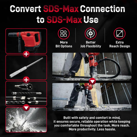 Badass SDS Max To SDS Max Adapter With 12.6 Inch Extension Shaft For Rotary Hammer and Heavy Duty Concrete Drilling in use.