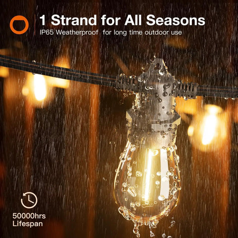 48 Feet LED Outdoor String Lights With App And Remote Control Dimmable Waterproof Patio Lighting With Shatterproof Bulbs ETL Listed in rain