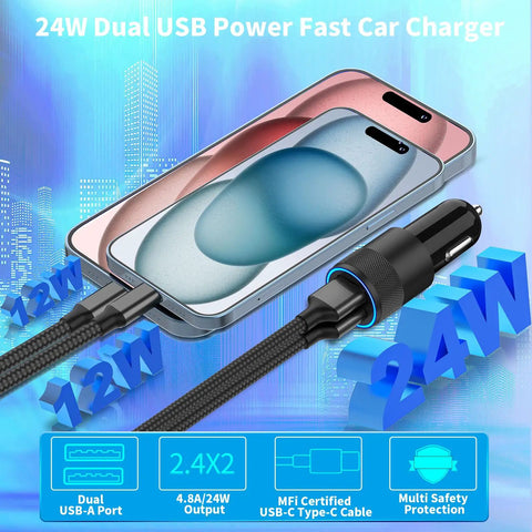 24W MFi Certified USB C Car Charger Fast Charge Kit 2 Pack 4.8A Cigarette Lighter Adapter With Braided Type C Cable for iPhone