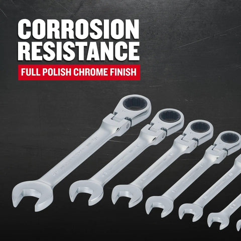 7-Piece SAE Flex Reversible 72-Tooth Ratchet Set With Chrome Finish array on dark background, showing corrosion resistance
