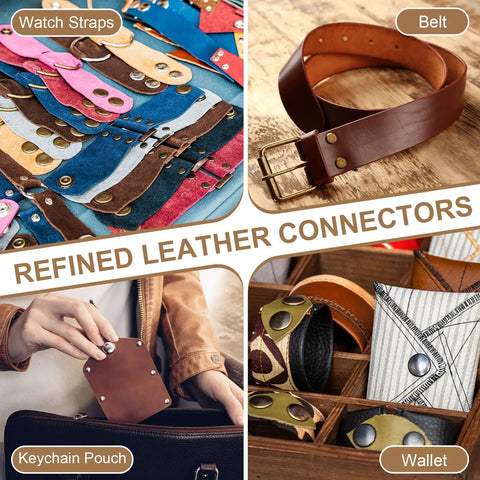 Super Slick Chicago Screws And Leather Rivets For Belt Bags M5 X 8mm Bronze Tone 80 Piece Heavy Duty Hardware Kit No Fuss Installation shown with leather products.