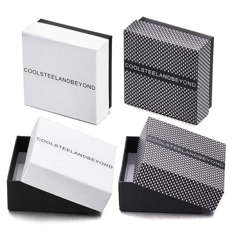 Black and white jewelry boxes with 'COOLSTEELANDBEYOND' branding.