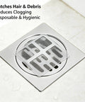 50 Pcs Disposable Shower Drain Hair Catcher 3.94" ES Square Drain placed in drain, catching hair and debris, reducing clogs.