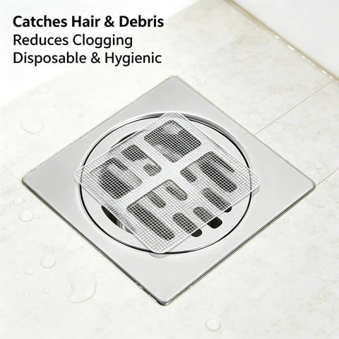 50 Pcs Disposable Shower Drain Hair Catcher 3.94" ES Square Drain placed in drain, catching hair and debris, reducing clogs.