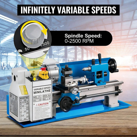 Badass Seven By Fourteen Inch Bench Top Metal Lathe With Zero To Two Thousand Five Hundred Variable Speed Revolutions Per Minute showing speed dial.