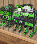 Garage Wall Mount Tool Organizer With Four Layer Storage Rack And Eight Drill Holders For Cordless Drills, Hammers, Pliers And Screwdrivers displayed on a wooden wall