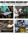 Built Like A Tank Portable Welding Table 36 X 24 Inch Heavy Duty Steel Workbench with workers using tools on a steel surface.