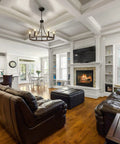 Wagon Wheel Chandelier For Dining Room, 6 Light Farmhouse Pendant With Wood Grain Finish, Rustic Black Metal in living room.