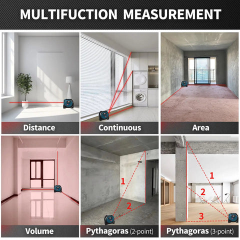 Three In One Laser Tape Measure And Rangefinder With AutoLock Digital LCD Distance Readout Up To 131 Feet 40 Meters Plus A 16 Foot Steel Tape For Quick Accurate Measurements Ideal For Renovations And DIY Projects. multifunction measurement modes for distance, area, volume, and Pythagoras