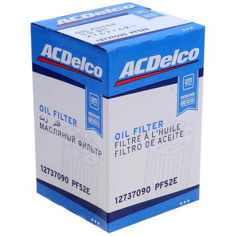 GM Original Equipment PF52E Oil Filter OE Grade Replacement For Cars And Light Trucks Delivers Strong Filtration To Guard Bearings And Engine Hydraulics, Part 12737090 Ready For Easy Upgrade. ACDelco oil filter box, PF52E, 12737090