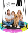 Family and dog sitting on All Weather Saucer Swing For Kids And Grownups, 43 or 48 inch, with tree hang kit, 900 lb capacity.