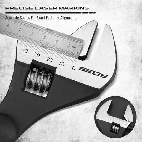Close-up of adjustable wrench with metric scale, part of Beefy 3 Piece Adjustable Spud Wrench Set With 10 12 And 16 Inch Sizes CRV Steel.