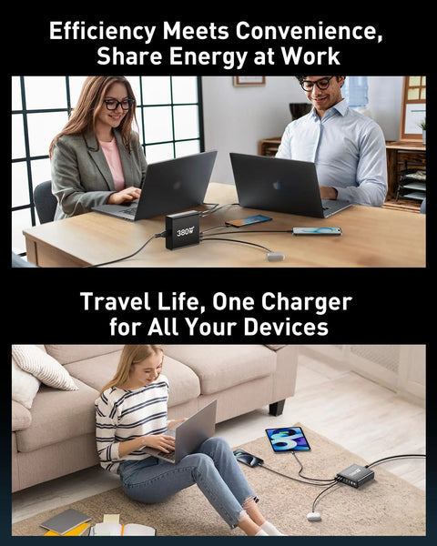 380W USB C Charging Station 8 Port Hub With Dual 100W USB C PD shown in office and home use with various devices.