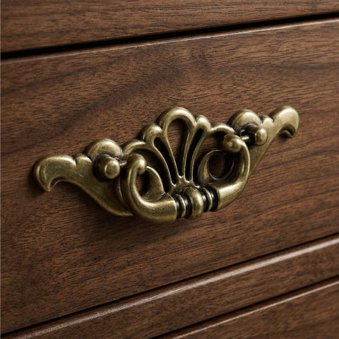 Antique Brass Bail Drawer Pulls Set, 6 Pack, Vintage Zinc Alloy Cabinet Handles on wooden dresser, 6 Inch Total Length