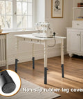 Heavy Duty Table Leg Extenders Providing Three Level Height Adjustable Folding Risers on a sewing table with non-slip rubber leg covers.