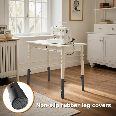 Heavy Duty Table Leg Extenders Providing Three Level Height Adjustable Folding Risers on a sewing table with non-slip rubber leg covers.