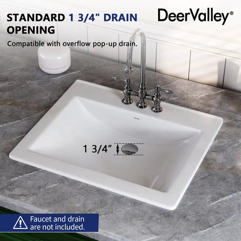 Slick White Ceramic Drop In Bathroom Sink 21 By 18 Inch Rectangle Basin with standard 1 3/4 inch drain opening for easy installation.