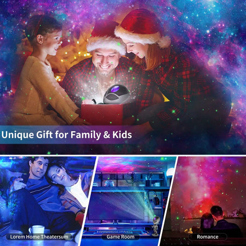 Family enjoying Star Galaxy Projector For Bedroom With Dope Nebula Lights and 8 Mixed Nebula Effects on Christmas night.