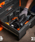 Open drawer of Modbox Three Drawer Rolling Toolbox With Ball Bearing Slides, showing power tools and interior measurements.