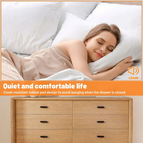 Woman sleeping peacefully, dresser with 20 Pack Black Drawer Stoppers And Slide Bumpers Rubber End Stops for drawers.