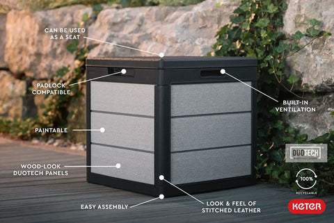 Denali 30 Gallon Resin Outdoor Storage Box And Patio Furniture Side Table For Pool And Garden Accessories Gray And Black All Weather Durable Resin With Wood Look Finish shown with features.