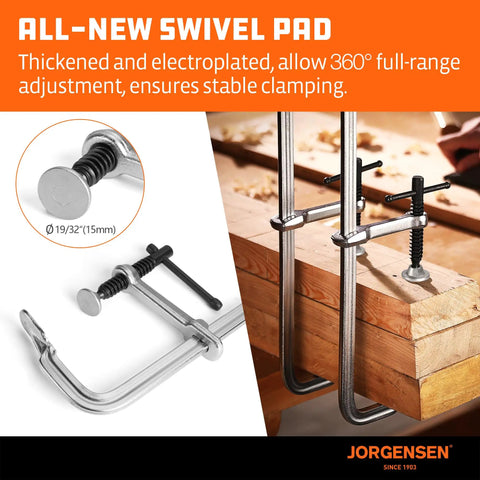 12 Inch Light Duty Bar Clamps Set, Drop Forged Steel, 3 Inch Throat, 12 Inch Opening, 450 Lb Clamping Power, on wood with swivel pad