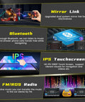 Android 15 Car Stereo Upgrade features: Mirror Link, Bluetooth, IPS Touchscreen, FM Radio capabilities.
