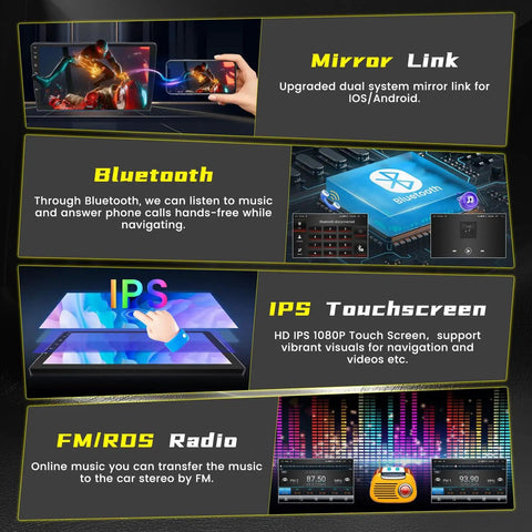 Android 15 Car Stereo Upgrade features: Mirror Link, Bluetooth, IPS Touchscreen, FM Radio capabilities.