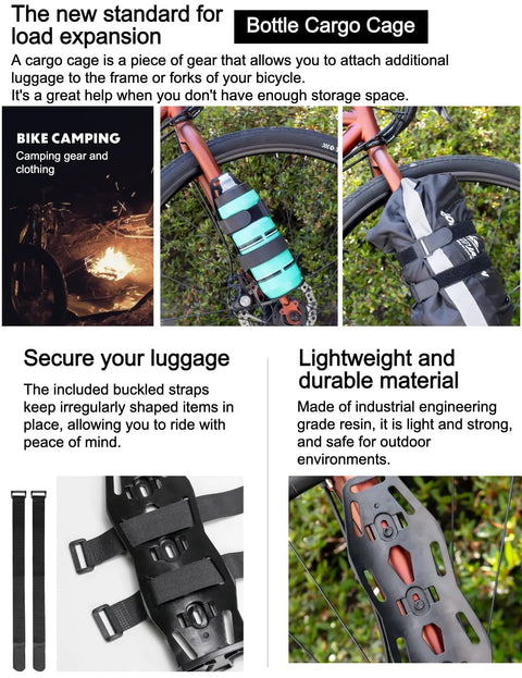 Front Fork Cargo Cage Mount Bottle Holder for Bikes with Large Bikepacking Bag, secure frame storage showing gear attachment