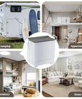 No Sweat Portable Twin Tub Washing Machine 20LB Mini Compact Laundry Set With 12LB Washer and 8LB Spin Dryer shown in RV, apartment, dormitory, and home settings.