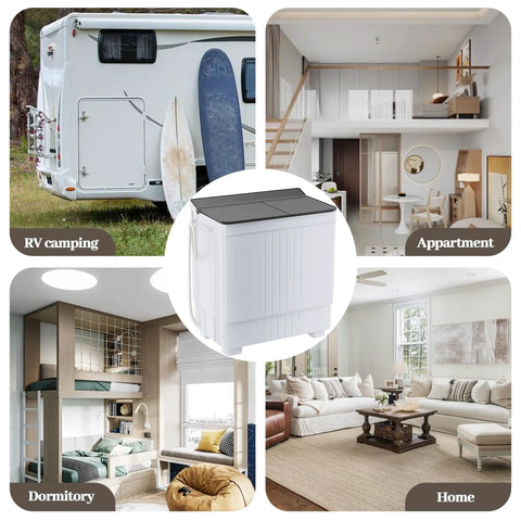 No Sweat Portable Twin Tub Washing Machine 20LB Mini Compact Laundry Set With 12LB Washer and 8LB Spin Dryer shown in RV, apartment, dormitory, and home settings.