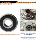Heavy Duty Front Load Washer Tub Bearing And Seal Kit Replacement 6305-2RS with before and after installation images.