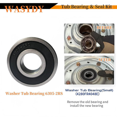 Heavy Duty Front Load Washer Tub Bearing And Seal Kit Replacement 6305-2RS with before and after installation images.