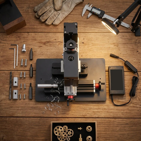 Handy Mini Milling Machine for DIY Metal and Wood Projects, 12V DC, compact setup with tools on wooden workbench.
