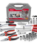 67 Piece SAE Auto Mechanic Tool Kit For Cars And Motorcycles With Sockets Ratchet Wrench Pliers And More Ideal For Garage Repairs And Quick Fixes That Holds Up In A Busy Shop shown with tools and case