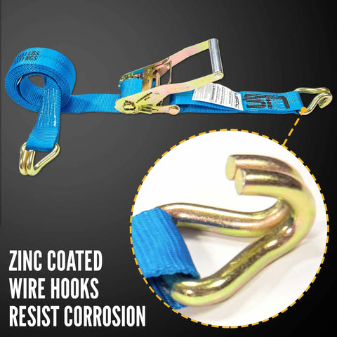 Heavy Duty 2 Inch Ratchet Straps 18 Feet Long Set Of 4 With J Hooks Blue Weather Resistant Webbing shown with zinc coated hooks