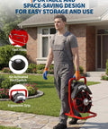Man carrying Heavy Duty Electric Drain Snake Machine That Knocks Out Stubborn Clogs And Hair Buildup With 370W Steel Core Cable.