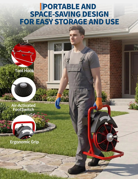 Man carrying Heavy Duty Electric Drain Snake Machine That Knocks Out Stubborn Clogs And Hair Buildup With 370W Steel Core Cable.