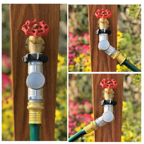 Adjustable 180 Degree and 360 Degree Metal Swivel Connector with TPR grip installed on outdoor faucet to prevent kinks