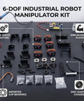 6-Degree Freedom Mechanical Robot Arm Kit With Servo Motors includes six servo motors, aluminum plates, and components for assembly.